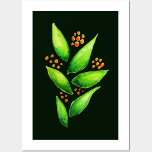 Abstract Watercolor Green Plant With Orange Berries Posters and Art